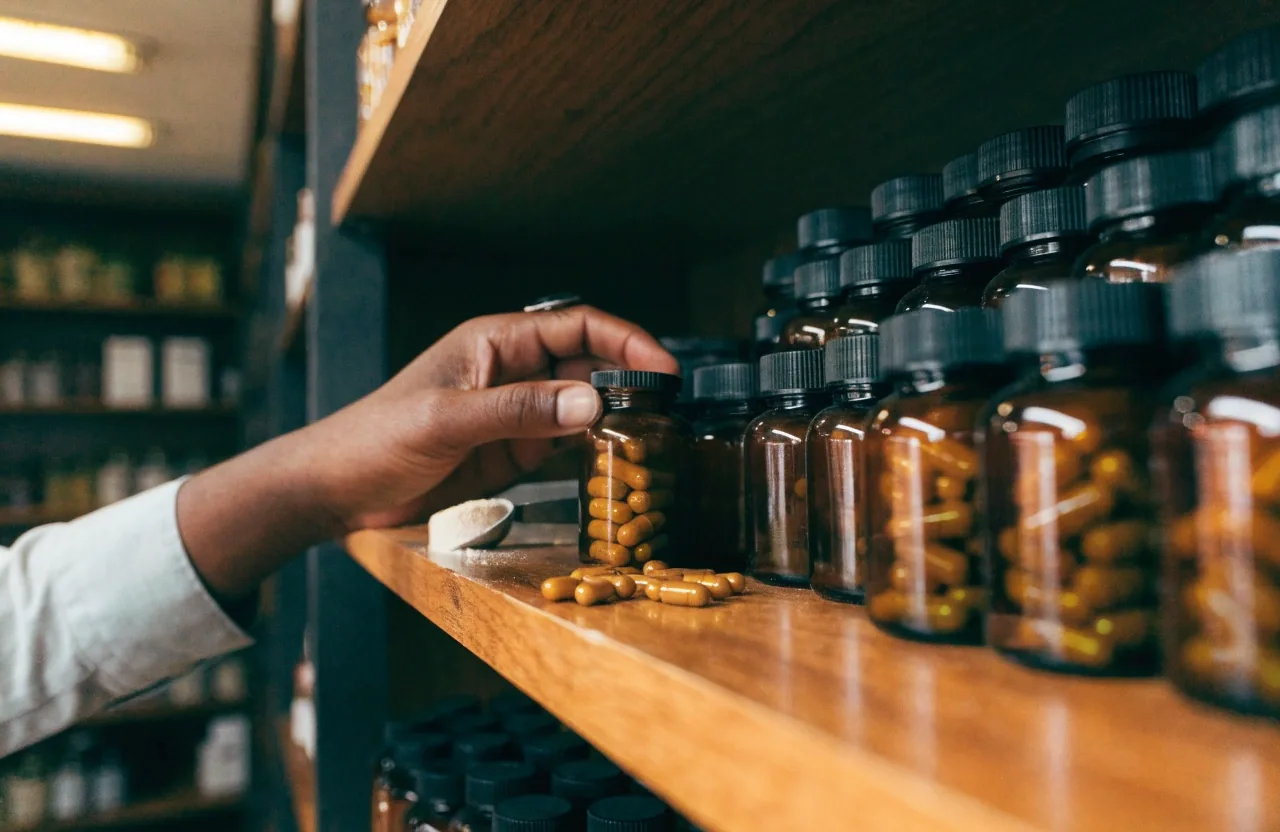 Rows of unbranded supplement bottles on a warm-lit shop shelf