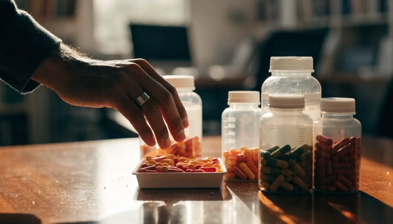 Supplement bottles and loose capsules on an editorial desk in warm late-afternoon light