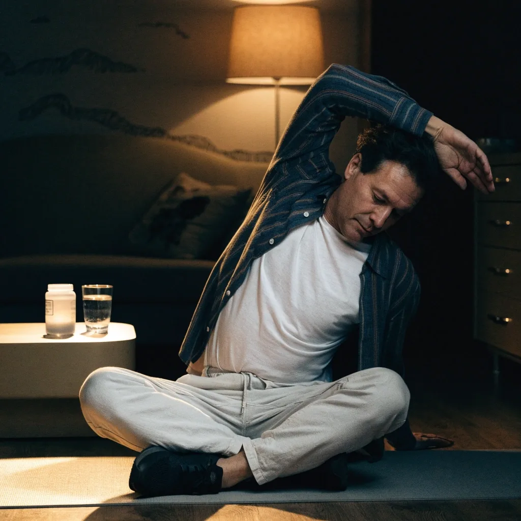 A man in his forties stretching on a living room floor at night with a plain supplement container on a low table