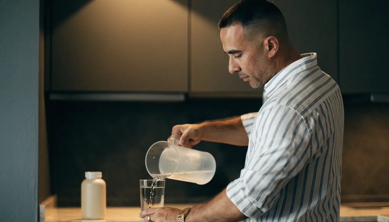 A man in his thirties working late at a desk with a plain supplement container and a glass of water beside him