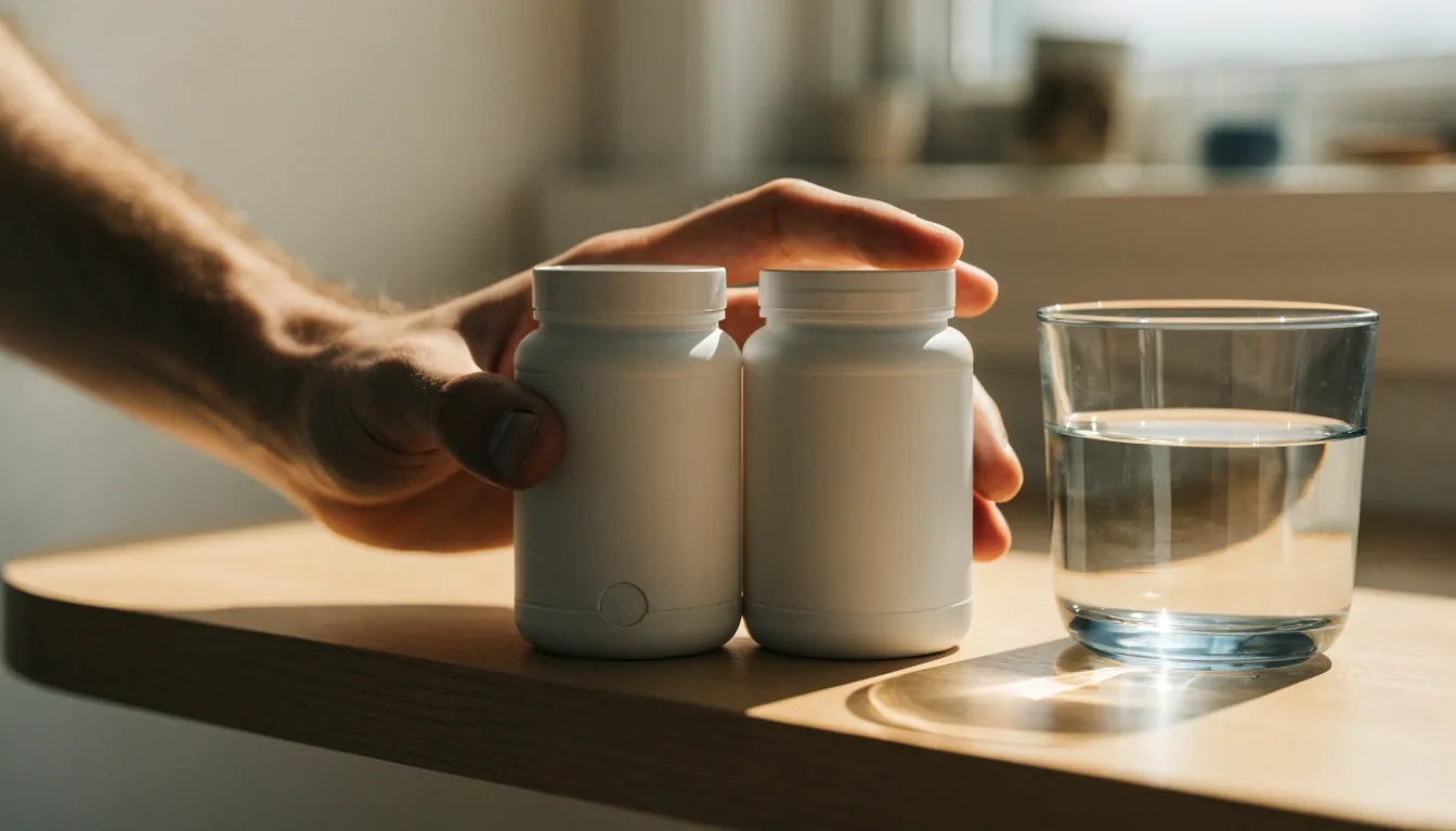 A hand reaching for a plain supplement container beside a glass of water and fruit on a morning kitchen counter