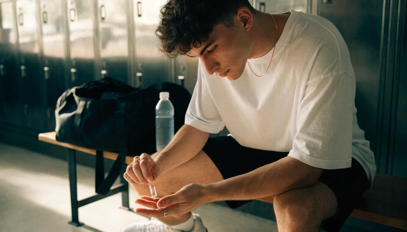 Two young men stretching in an urban gym before training, with plain unlabelled supplement jars on the bench beside them