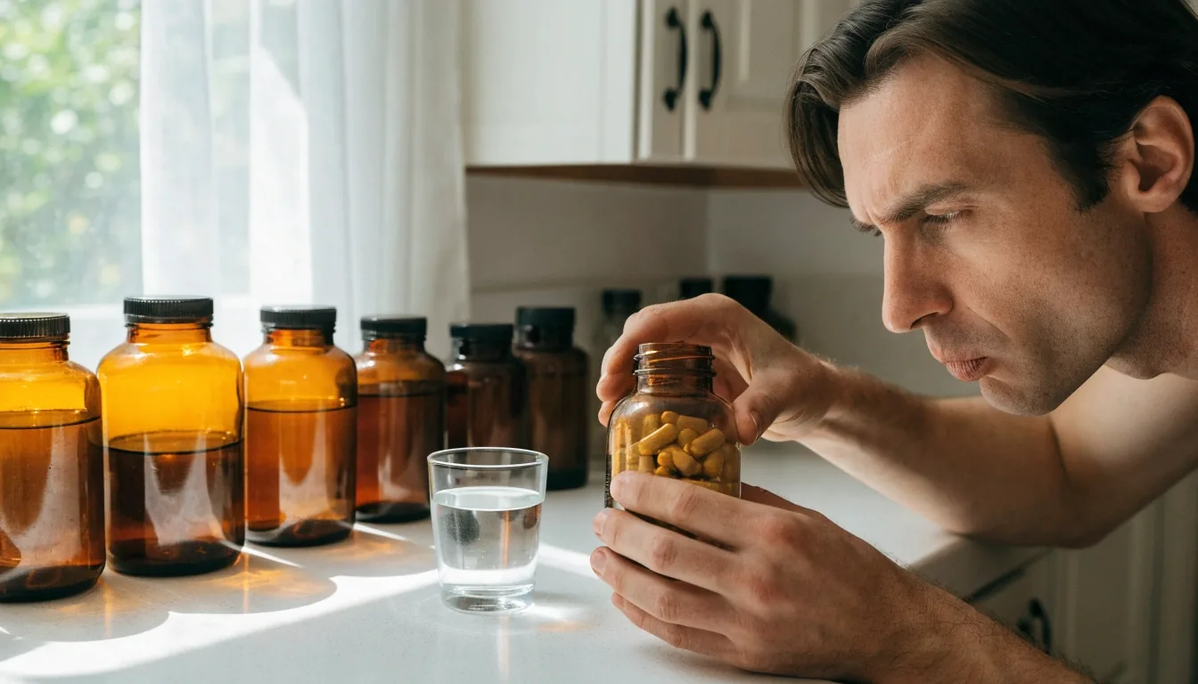 A man opening a bottle of daily multivitamin capsules at a kitchen counter in morning light, several other unbranded supplement bottles lined up beside him