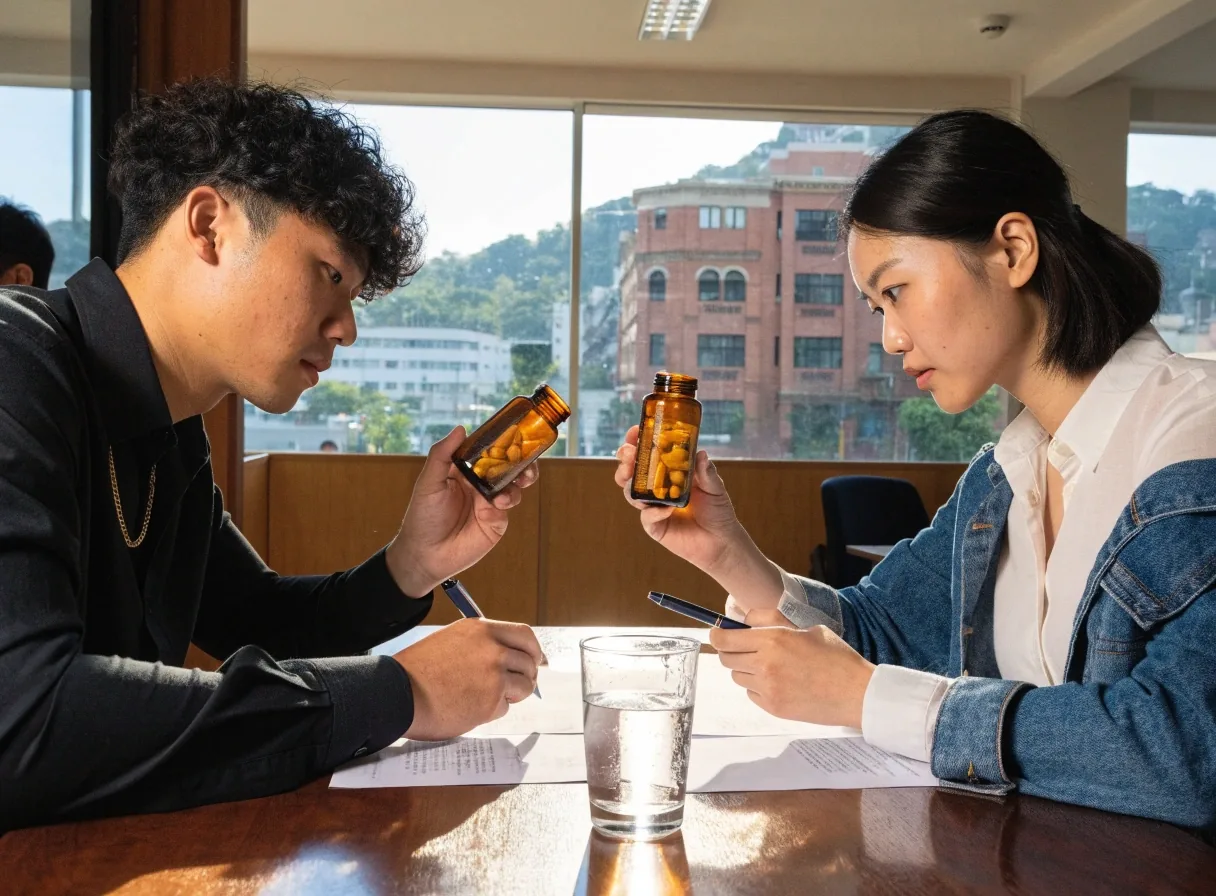 Two editors comparing two supplement bottles side by side at a table in the SehatPria office
