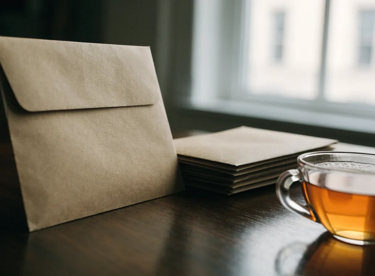 A sealed plain envelope and a small stack of unmarked cards on a dark wooden desk beside a cup of tea