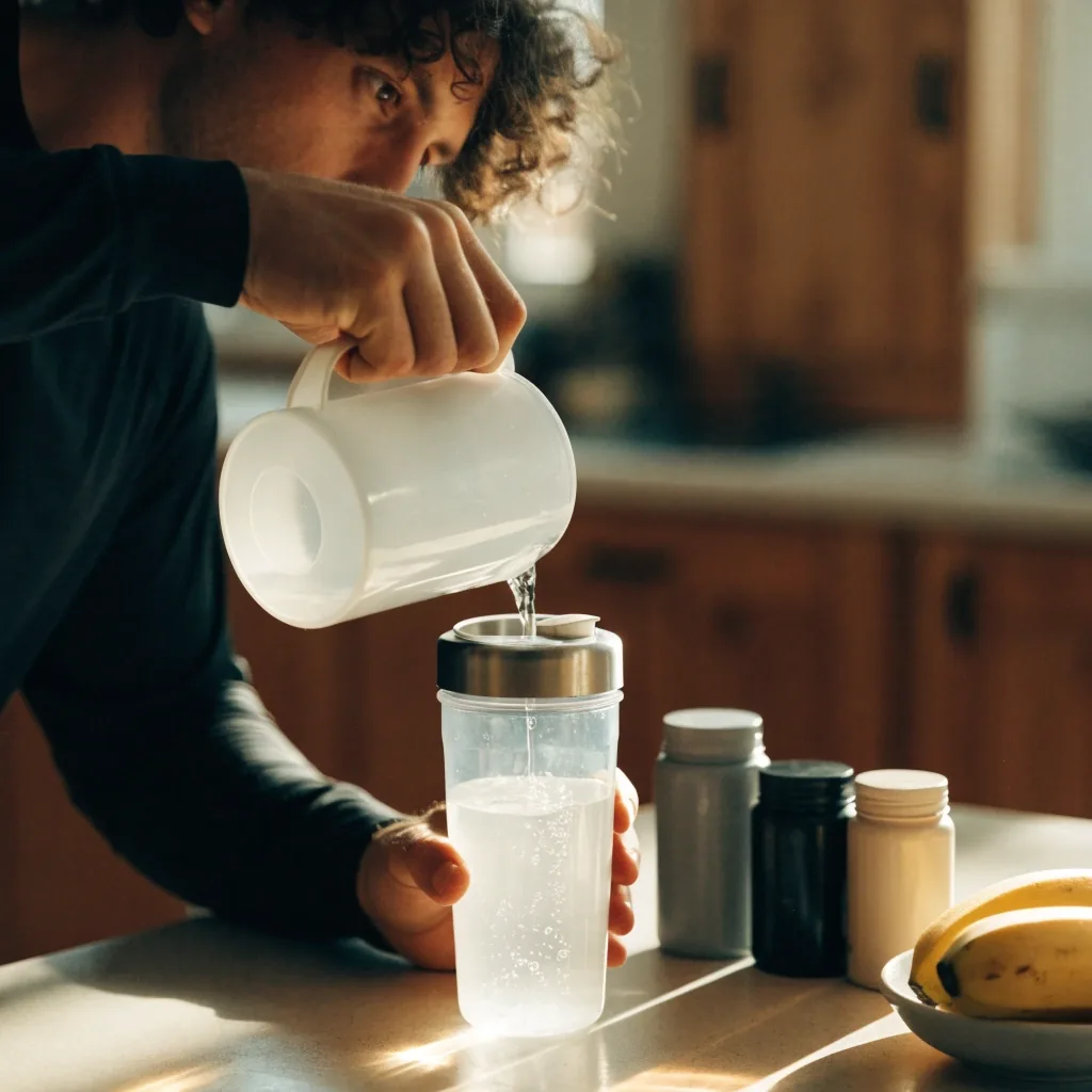A man mixing a drink at a kitchen counter before a morning training session, with unlabeled supplement containers nearby