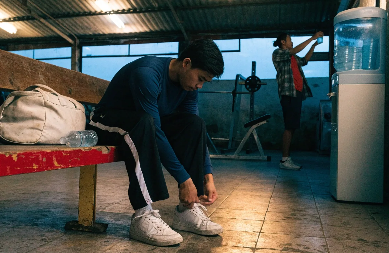 An evening street outside a neighborhood fitness studio in Jakarta with people carrying gym bags