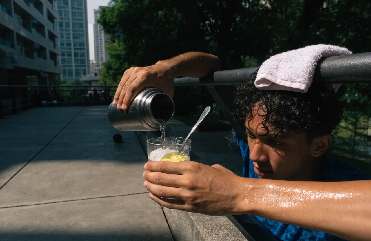 A man filling a steel water bottle at a kitchen counter on a hot day