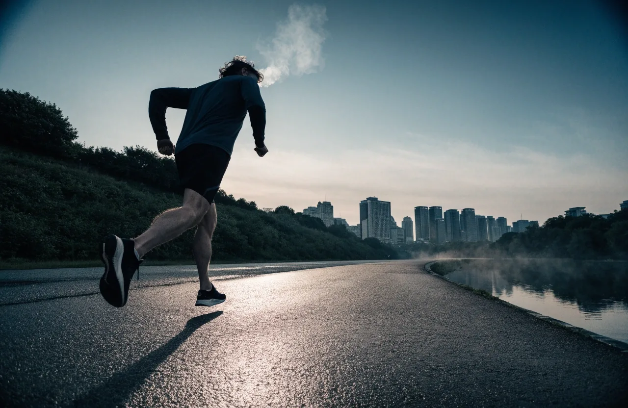 A man jogging along a riverside path in the early morning light