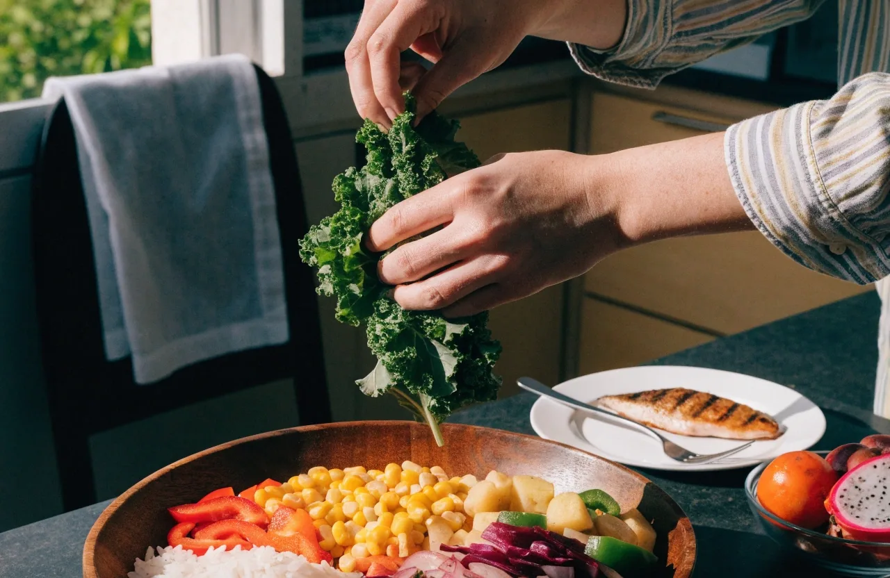 A varied home-cooked meal with fish, greens, and fruit on a wooden table