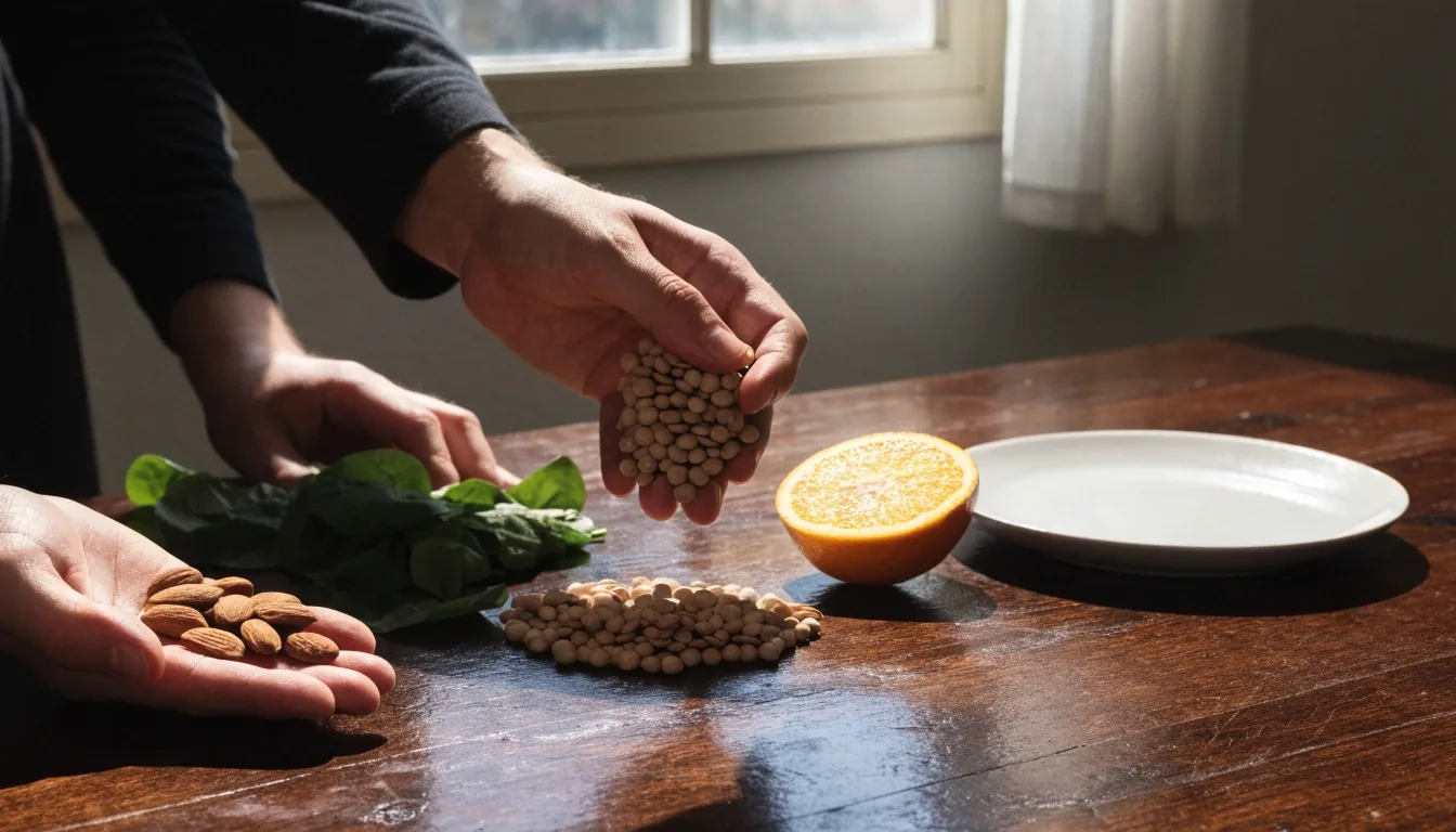 Fresh whole foods arranged on a dark surface showing common nutrient sources
