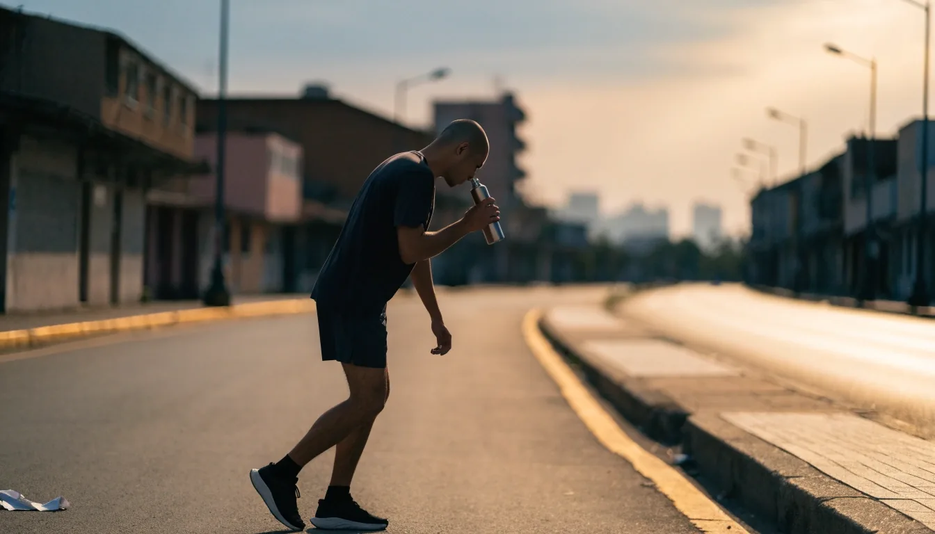 Man in gym clothes drinking from a bottle after a morning run on a quiet Jakarta street, city buildings soft in the background