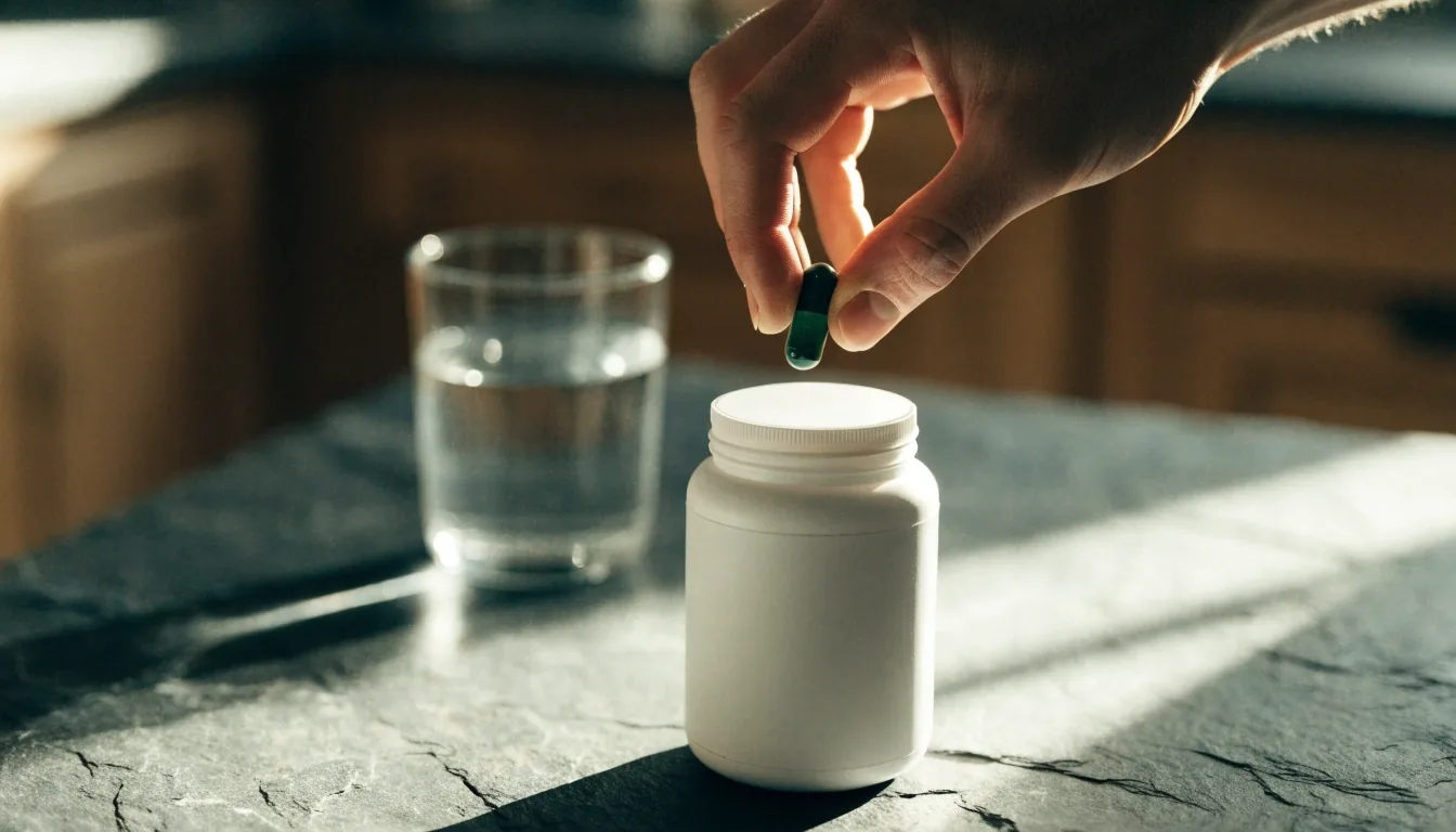 Multivitamin jar and daily nutrient capsules laid out beside a glass of water on a dark stone counter, morning light across the surface