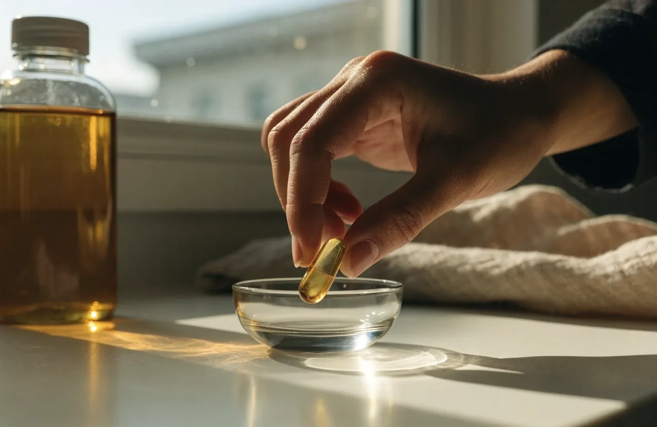 Softgel capsules and tablet capsules on a kitchen worktop with unlabeled supplement containers