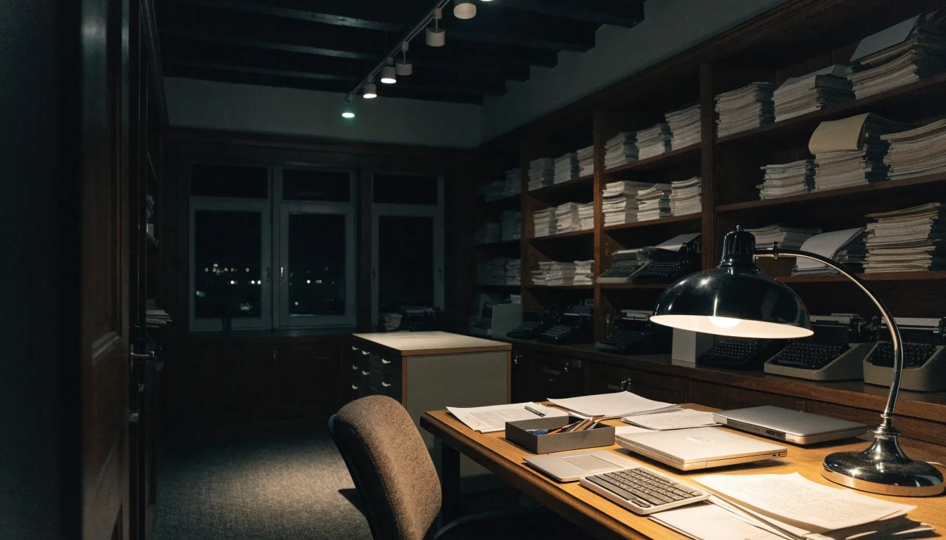 A small editorial office at night with closed laptops and a lamp still lit