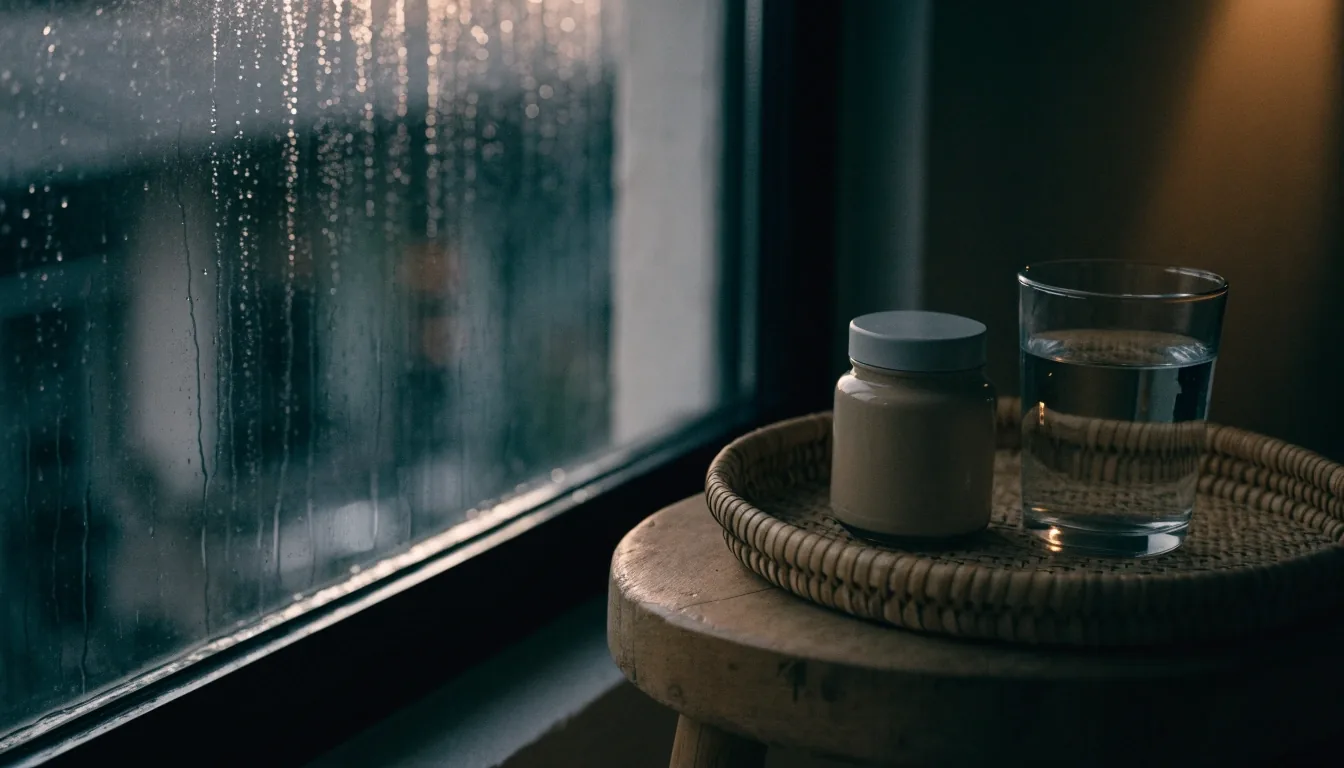 A calm evening desk with a glass of water and an unbranded supplement jar beside a closed notebook