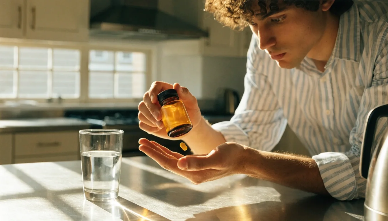 A man reading supplement guidance at a table with a bottle of capsules and a glass of water