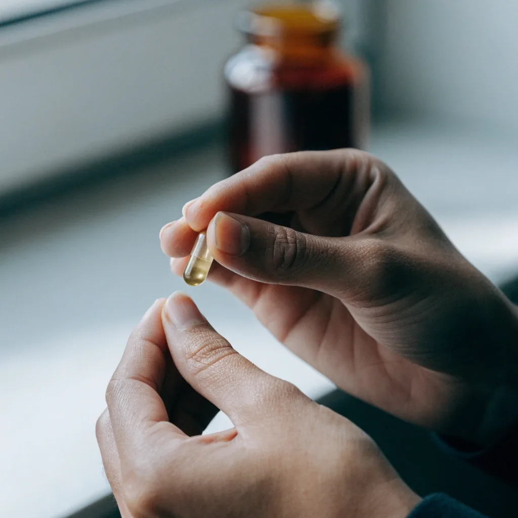 A man's hands examining a clear capsule near a bright window