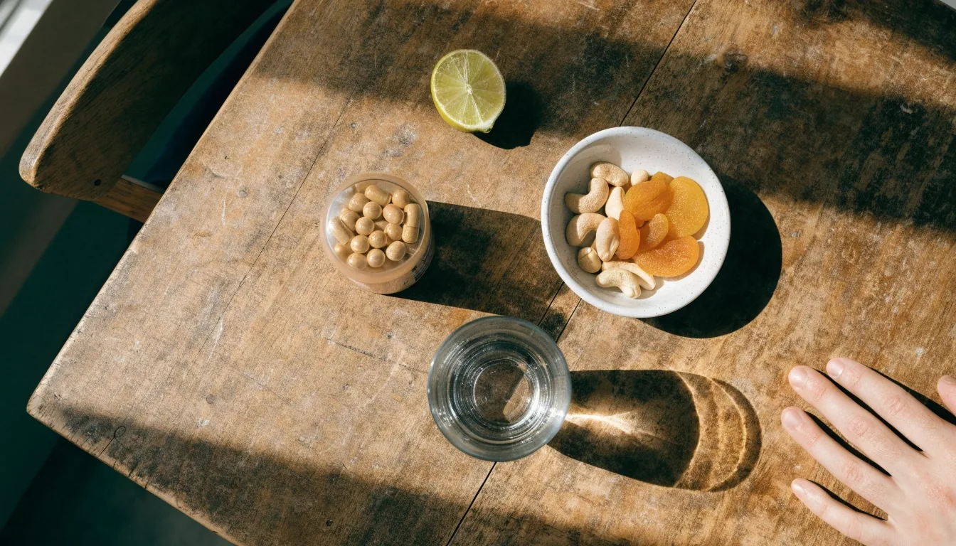 Supplement bottles, a glass of water, and simple food arranged on a kitchen table in morning light