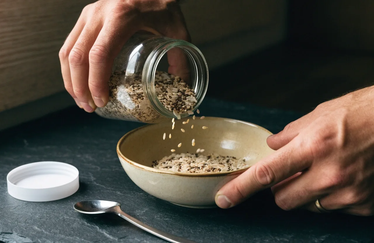 A bowl of seeds and flakes beside an open unbranded glass jar