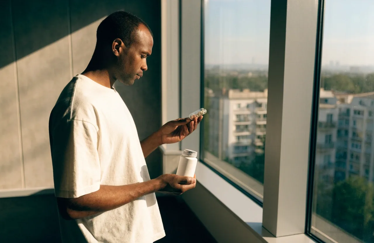 A man holding a supplement bottle and capsules near a sunlit window