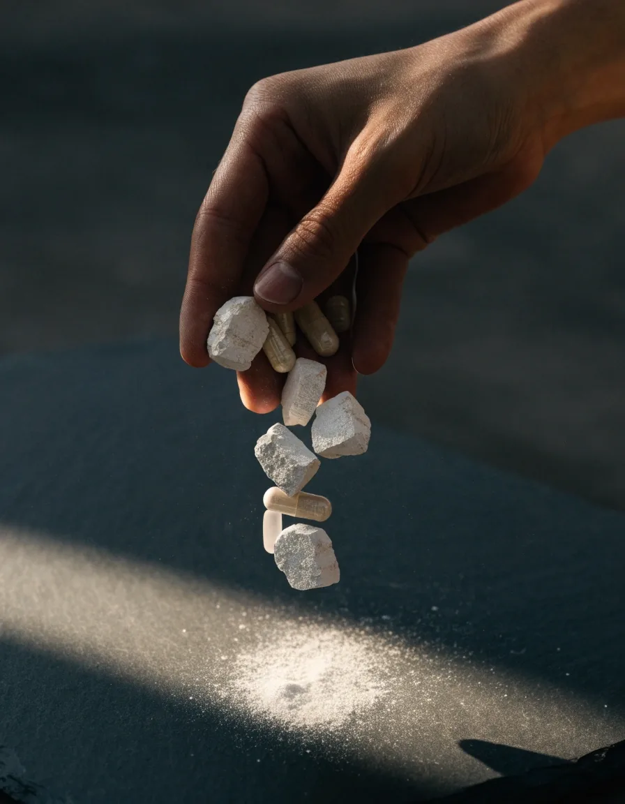 Close view of capsules and mineral tablets scattered on dark slate